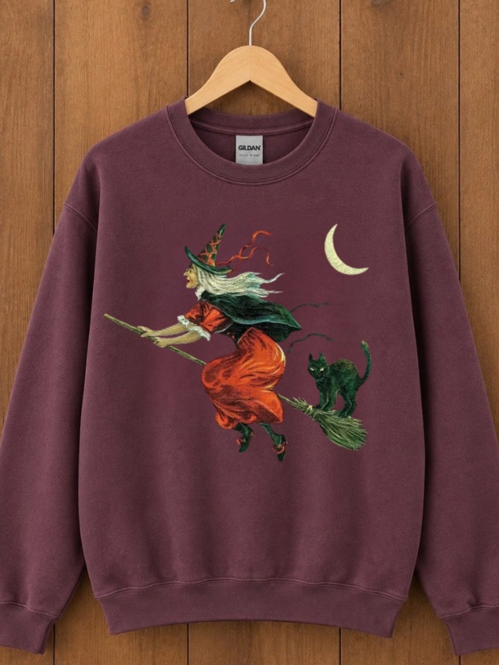 Halloween Witch Cat Broom Crescent Moon Sweatshirt
